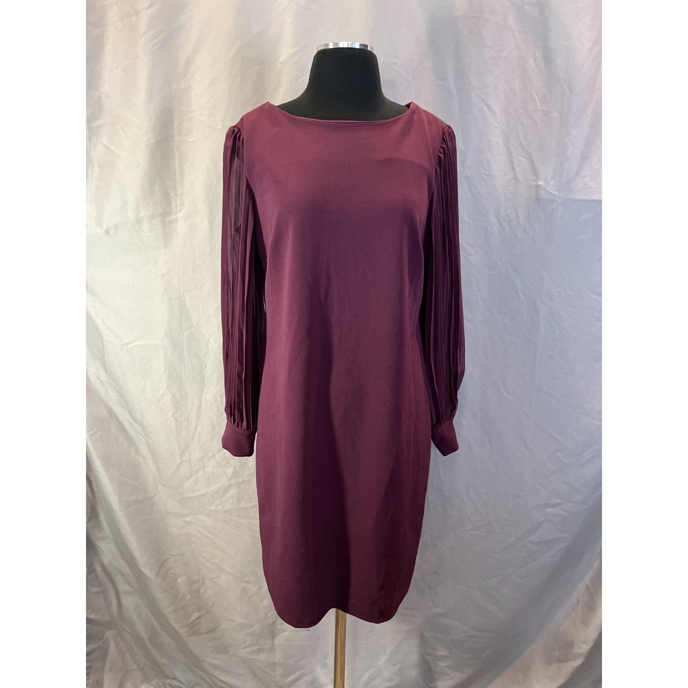 Shelby & Palmer Shift Dress Womens 14 Burgundy Stretch Back Zip Pleated Sleeves